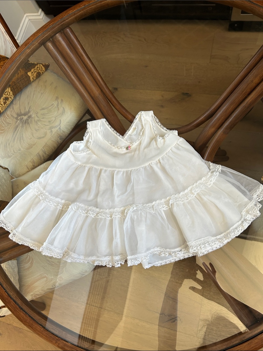 White Lace Trim Infant Dress with Rosette Accent